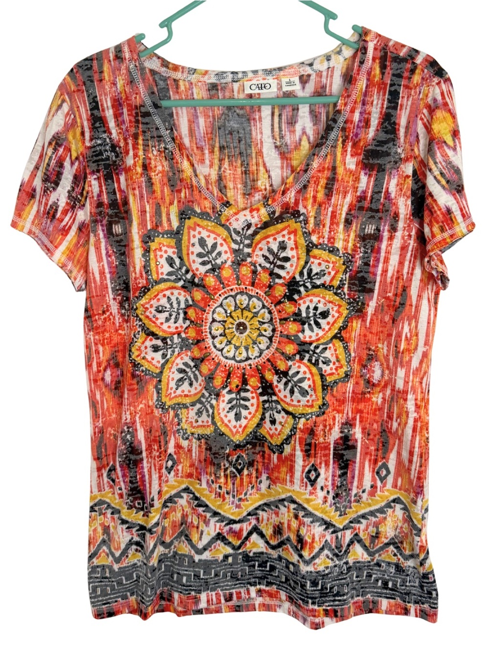 3/$20 Cato Multi-Print V-Neck Short Sleeve Shirt with Medallion Size Large